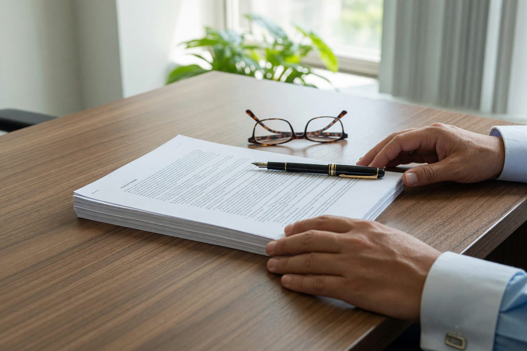 A printed partnership brief on a lawyer's desk with a pen and reading glasses