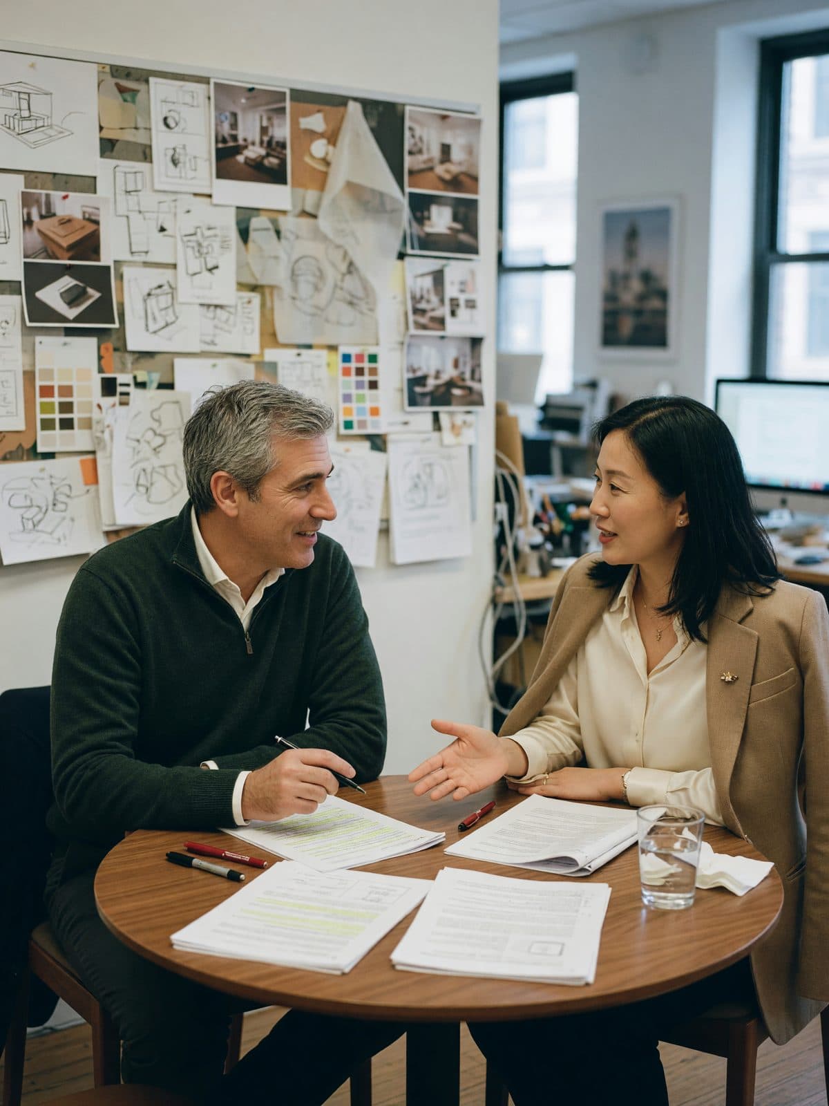 A firm owner and an incoming partner talking through printed terms at a round table