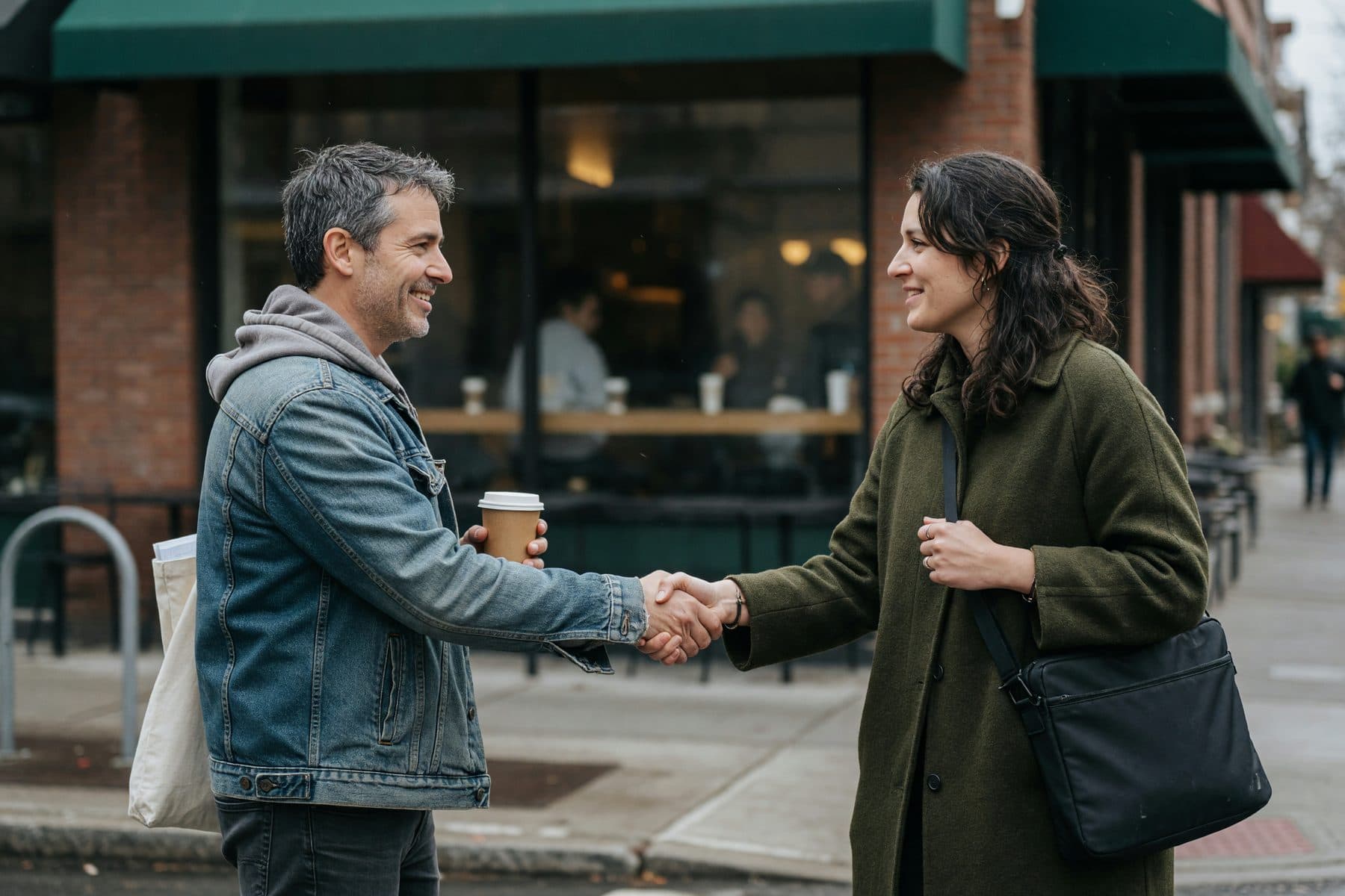Two people shaking hands on a city sidewalk as they part ways on good terms